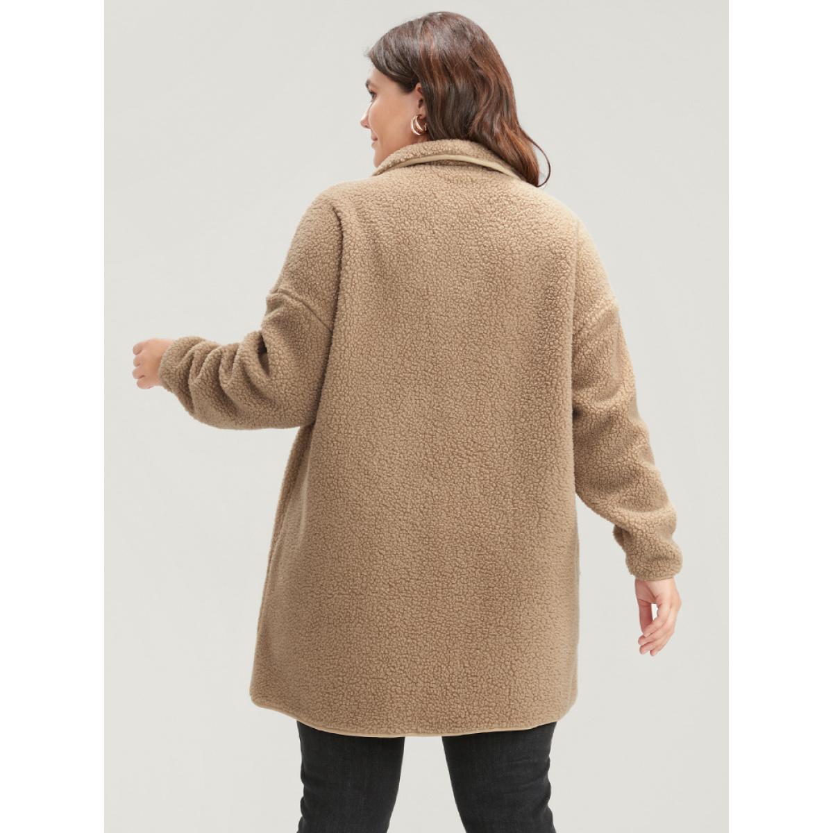 Plus Size Solid Pocket Open Front Teddy Coat Women LightBrown Casual Plain Loose Ladies Dailywear Winter Coats BloomChic 22-24/3X Product Image