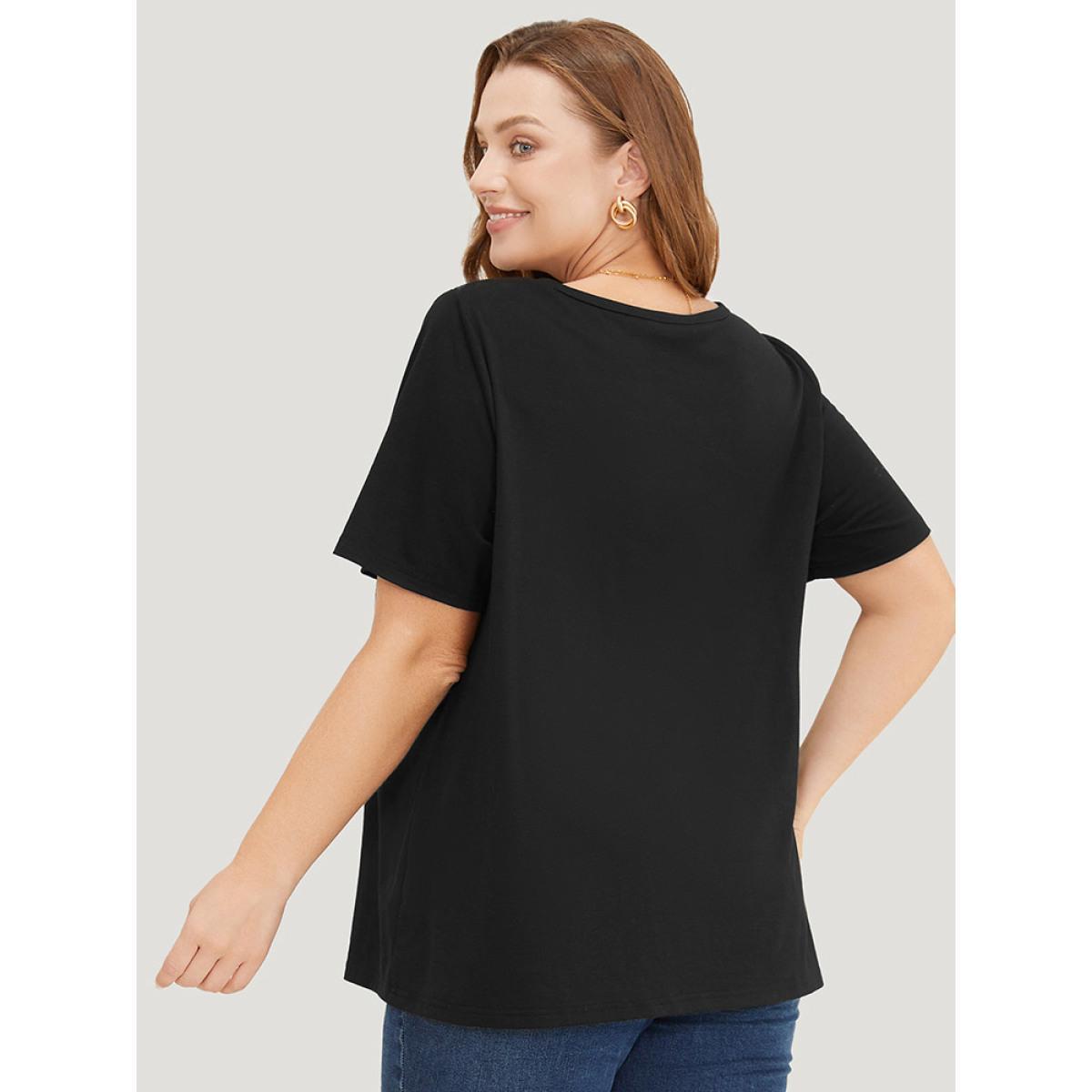 Plus Size Solid Cut Out Crew Neck T-shirt Black Women Elegant Cut-Out Plain Round Neck Dailywear T-shirts BloomChic 10/M Product Image
