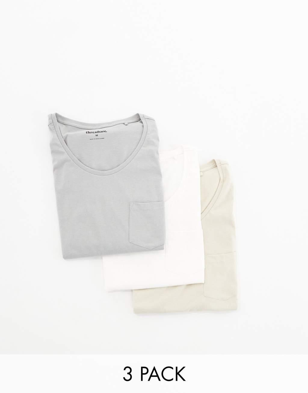 Threadbare 3 pack pocket vest in gray, stone & off white Product Image