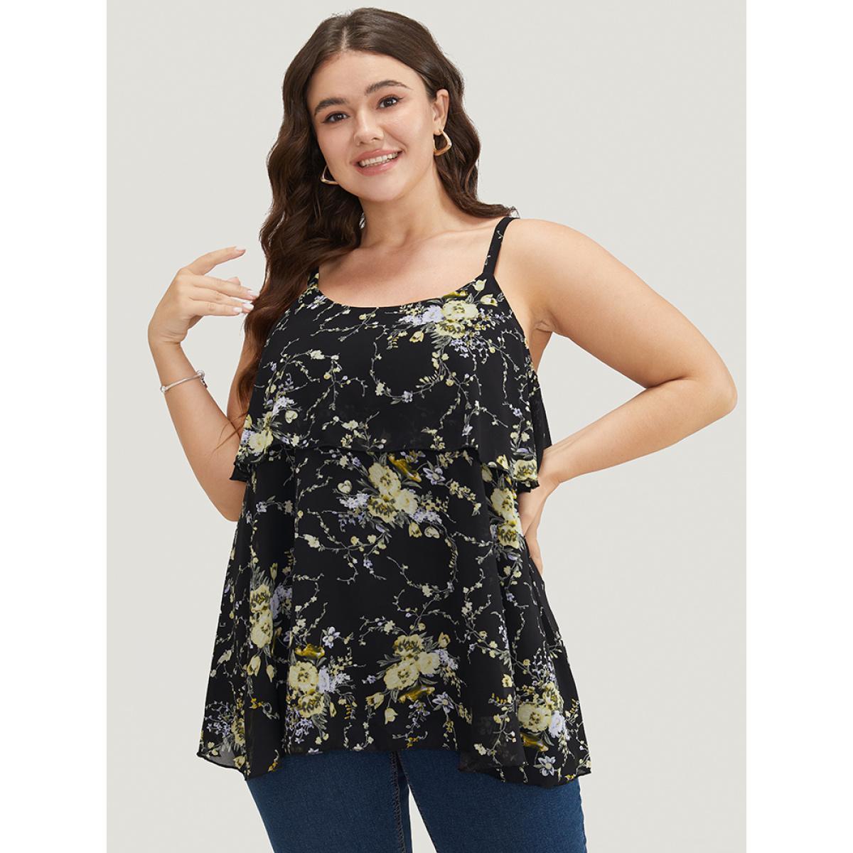 Plus Size Floral Print Adjustable Straps Tiered Hem Cami Top Women BlackFlower Elegant Adjustable Straps Spaghetti Strap Dailywear Tank Tops Camis BloomChic 18-20/2X Product Image