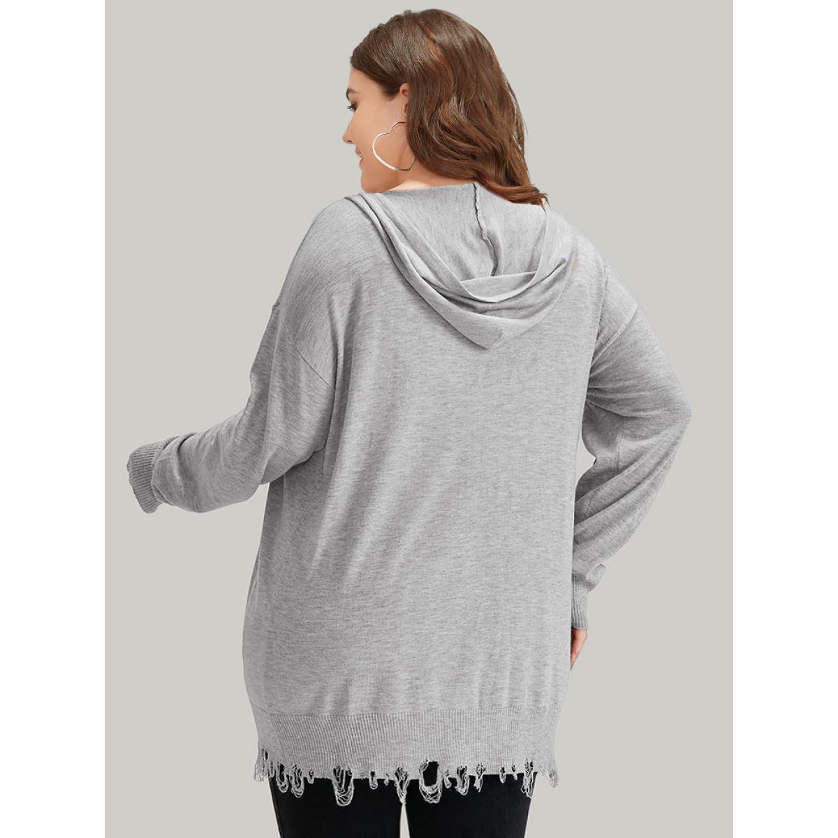 Plus Size Supersoft Essentials Solid Hooded Raw Hem Drawstring Cardigan LightGray Women Casual Loose Long Sleeve Dailywear Cardigans BloomChic 30/6X Product Image