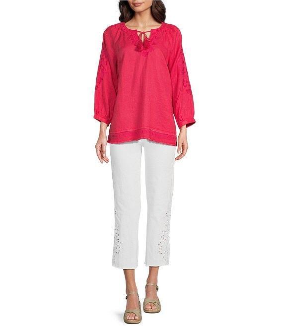 John Mark Linen Embroidered Split Neck 3/4 Sleeve Tunic Product Image