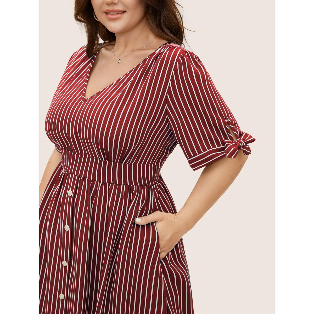 Plus Size Striped Knot Sleeve Button Detail Dress Scarlet Women At the Office Tie knot V-neck Short sleeve Curvy BloomChic 14-16/1X Product Image