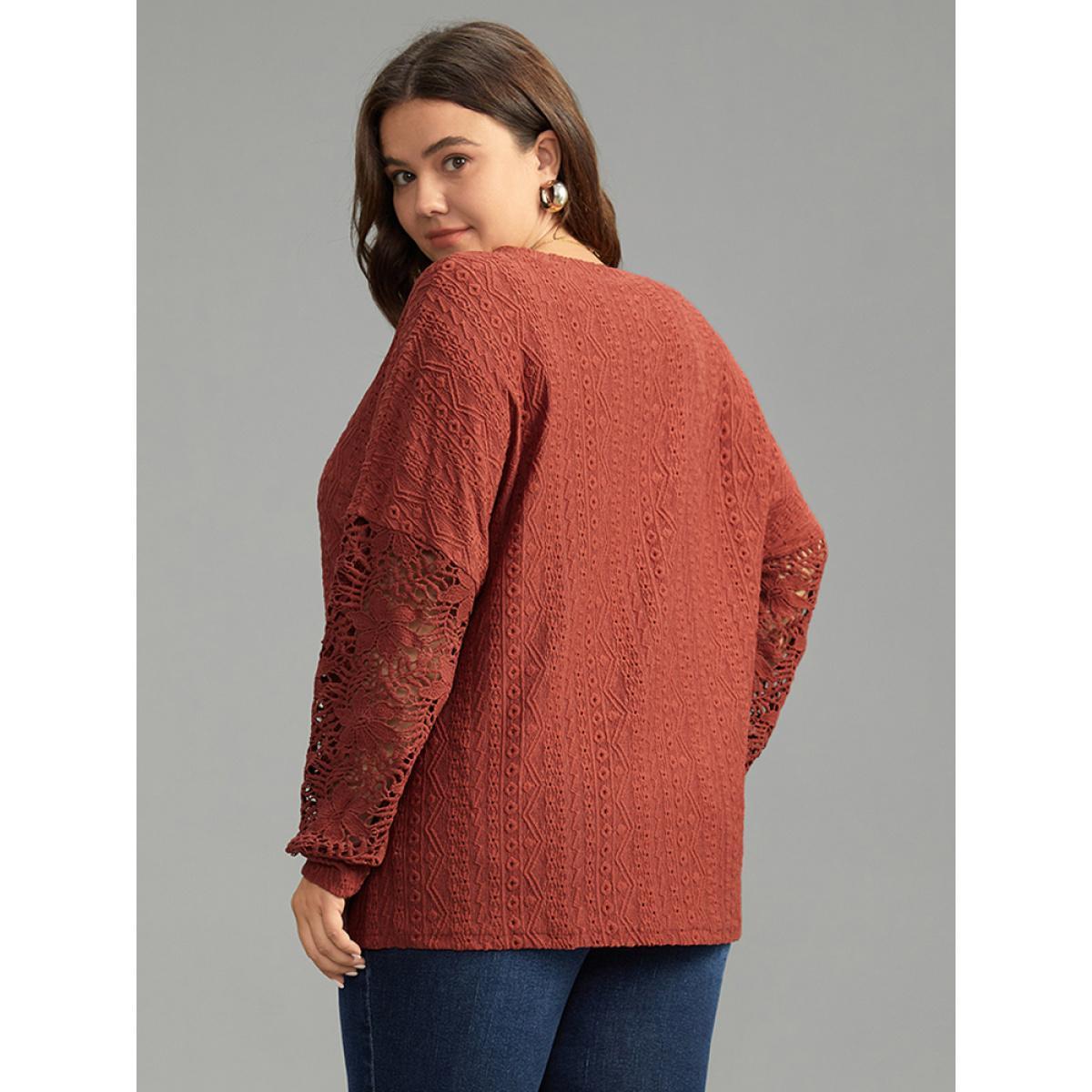 Plus Size Solid Plisse Guipure Lace T-shirt Rust Women Elegant Elastic cuffs Plain Round Neck Dailywear T-shirts BloomChic 12/L Product Image