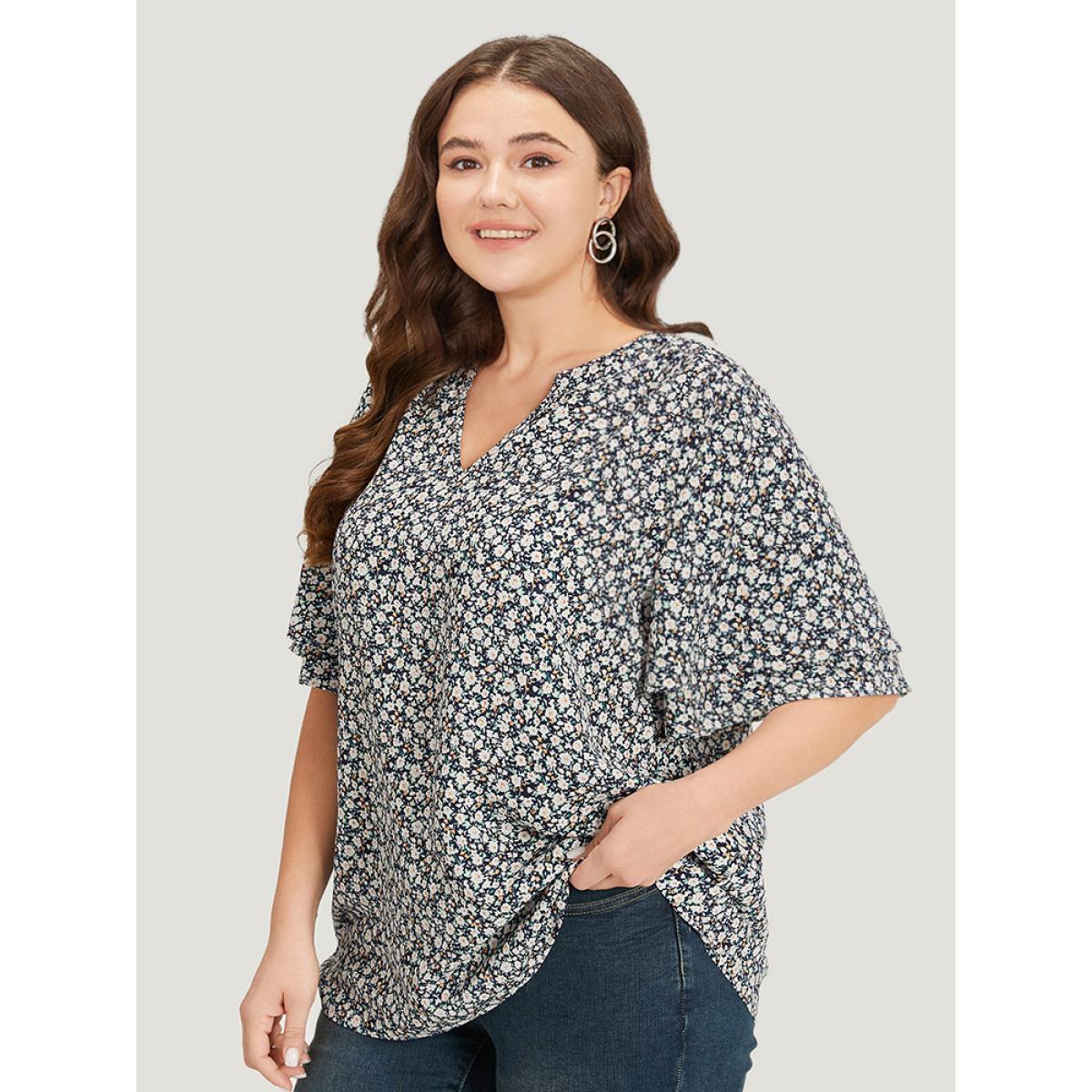 Plus Size Indigo Ditsy Floral Notched Flutter Sleeve Blouse Women Elegant Short sleeve Notched collar Dailywear Blouses BloomChic 18-20/2X Product Image