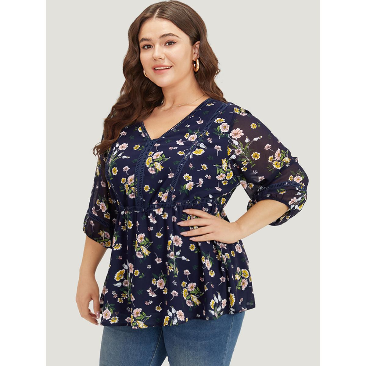 Plus Size Indigo Floral Print V Neck Guipure Lace Mesh Lantern Sleeve Blouse Women Elegant Elbow-length sleeve V-neck Dailywear Blouses BloomChic 28/5X Product Image