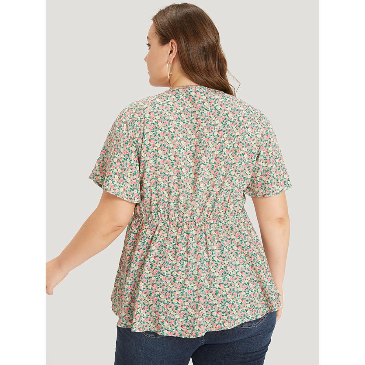 Plus Size Mint Ditsy Floral Knot V Neck Blouse Women Elegant Short sleeve V-neck Dailywear Blouses BloomChic 26/4X Product Image