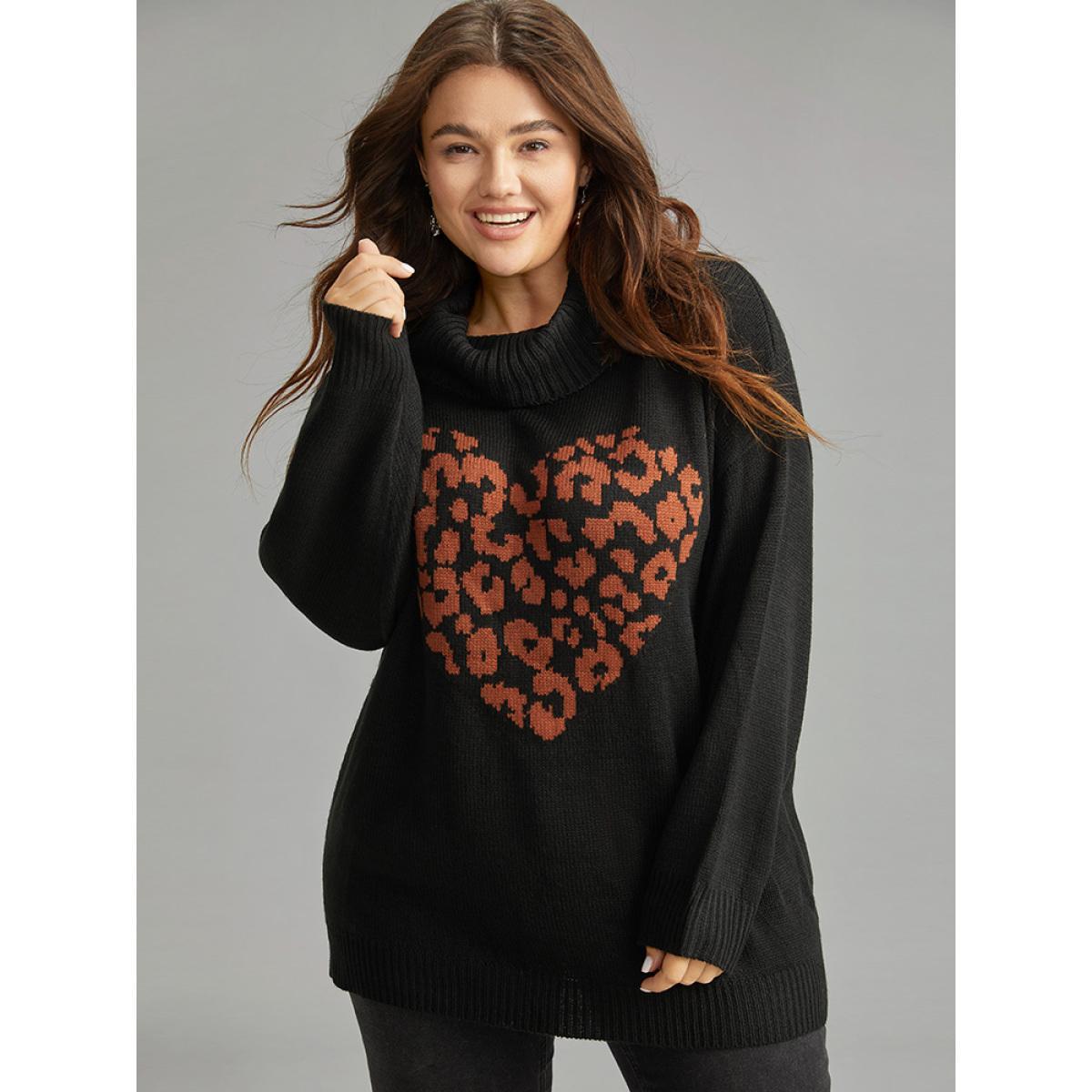Plus Size Hreat Print Contrast Turtle Neck Pullover Black Women Casual Loose Long Sleeve Lapel Collar Dailywear Pullovers BloomChic 18-20/2X Product Image