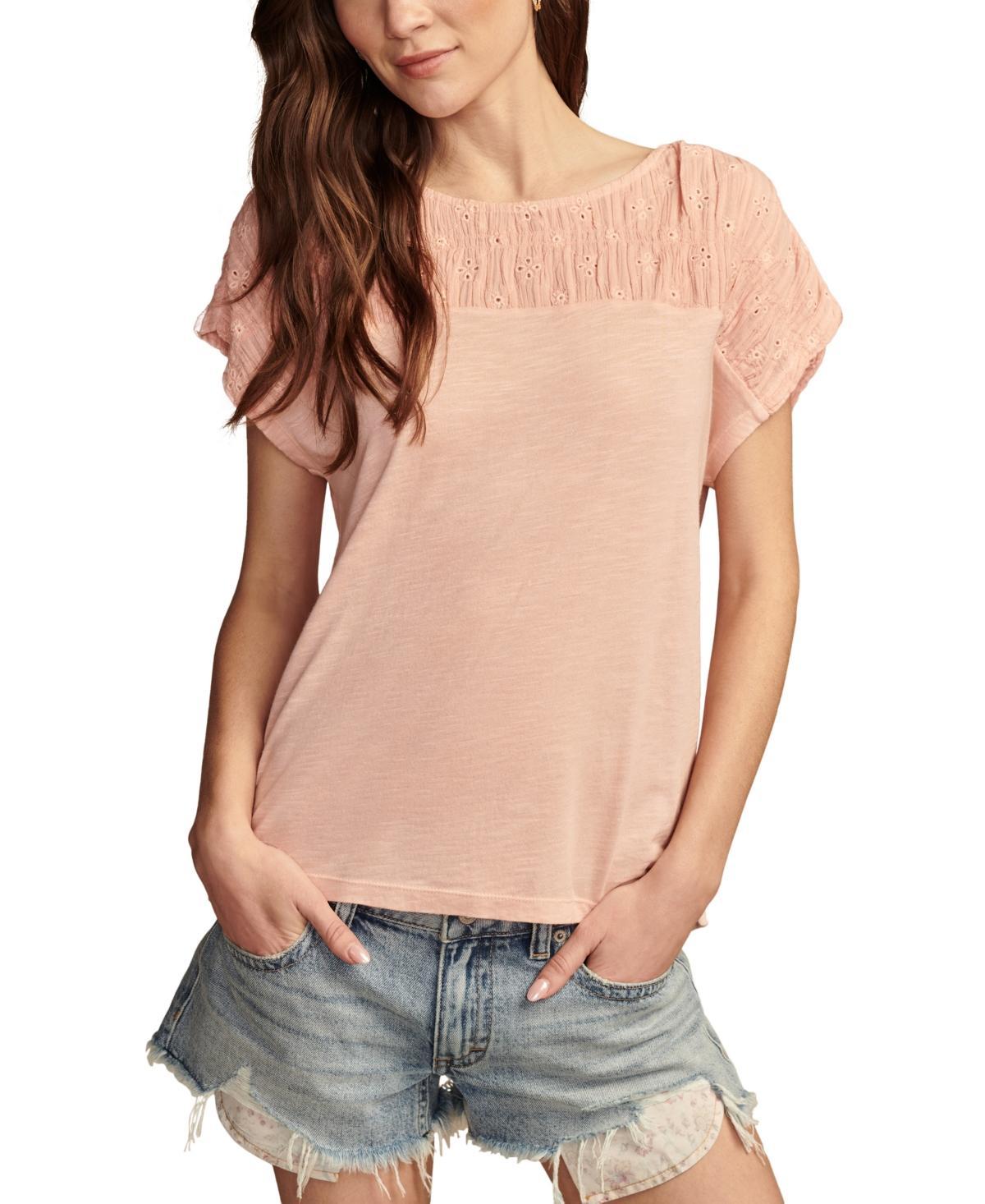 Lucky Brand Smocked Schiffly Mixed Dolman Tee (Coral Almond) Women's Clothing Product Image