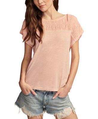 Lucky Brand Smocked Schiffly Mixed Dolman Tee (Coral Almond) Women's Clothing Product Image