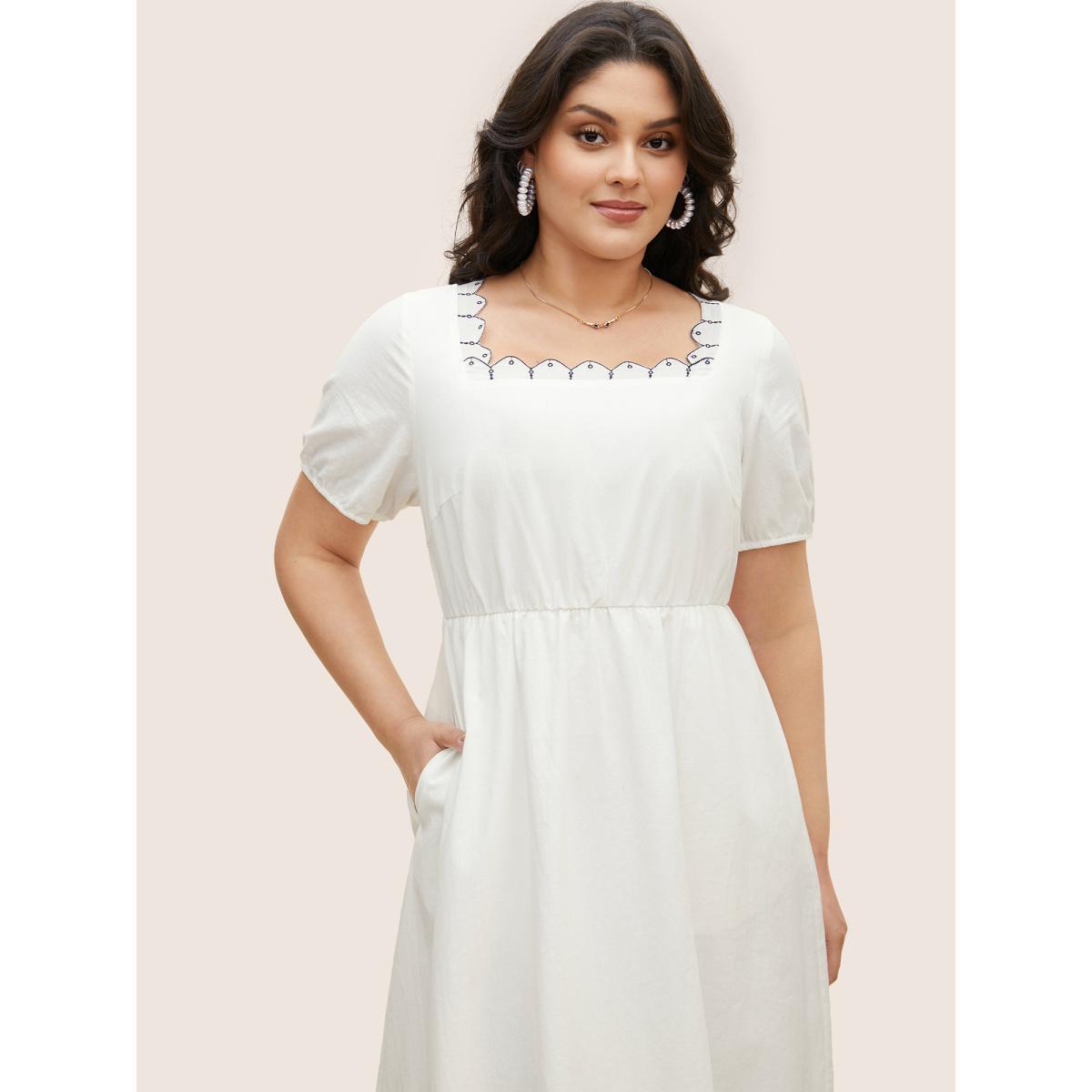 Plus Size Cotton Lace collar Lantern Sleeve Midi Dress Originalwhite Women Elegant Embroidered Lace collar Short sleeve Curvy BloomChic 28/5X Product Image