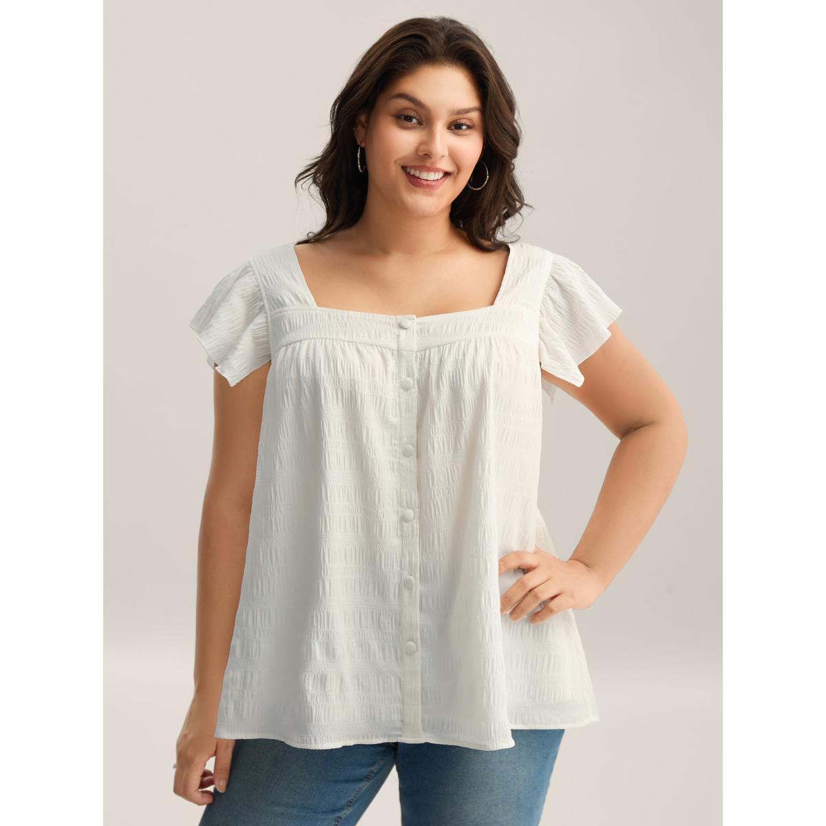 Plus Size Originalwhite Textured Flutter Sleeve Button Detail Blouse Women Cap Sleeve Square Neck Everyday-Casual Blouses BloomChic 26/4X Product Image