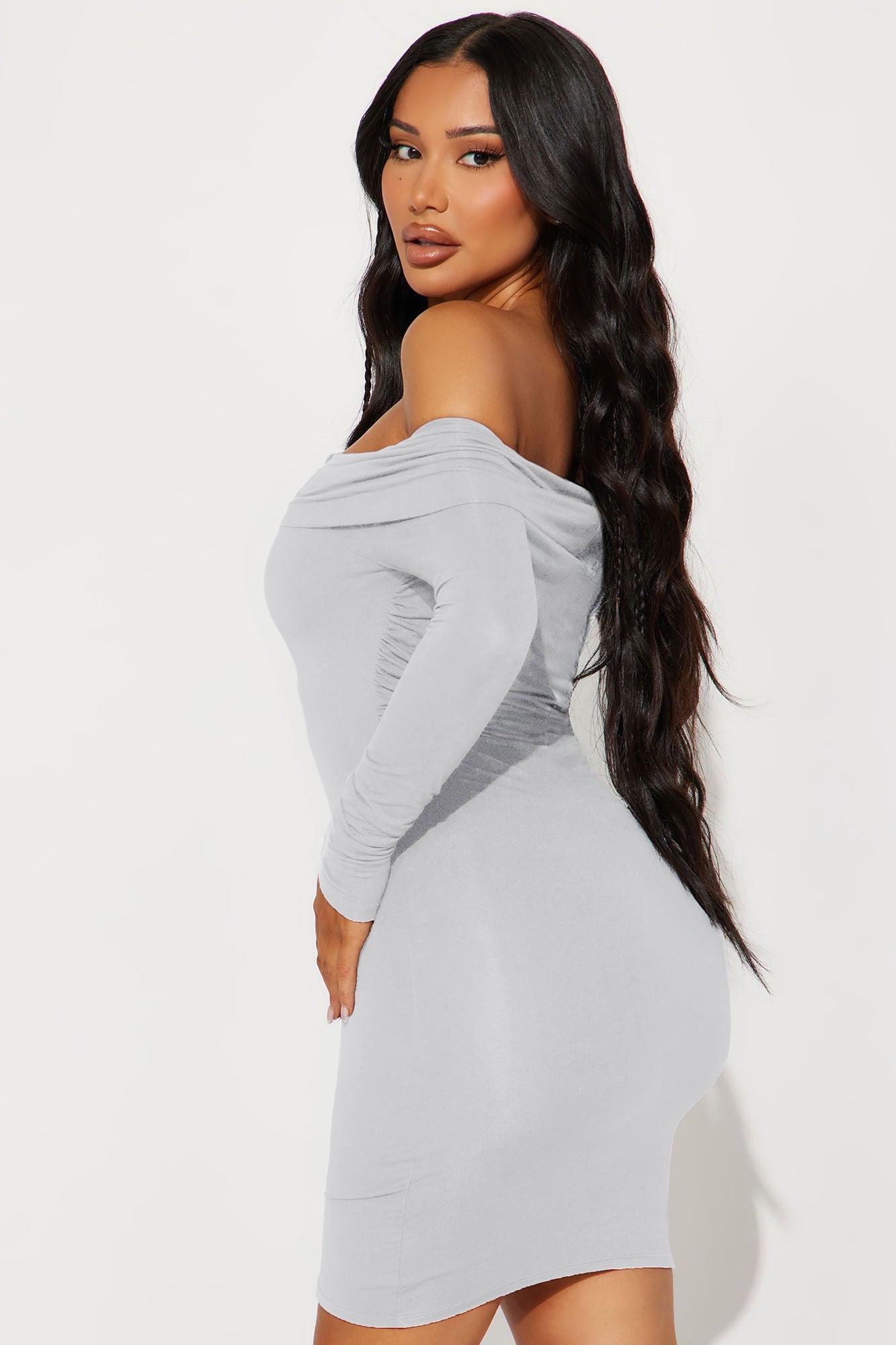 Look My Way Off Shoulder Mini Dress - Grey Product Image