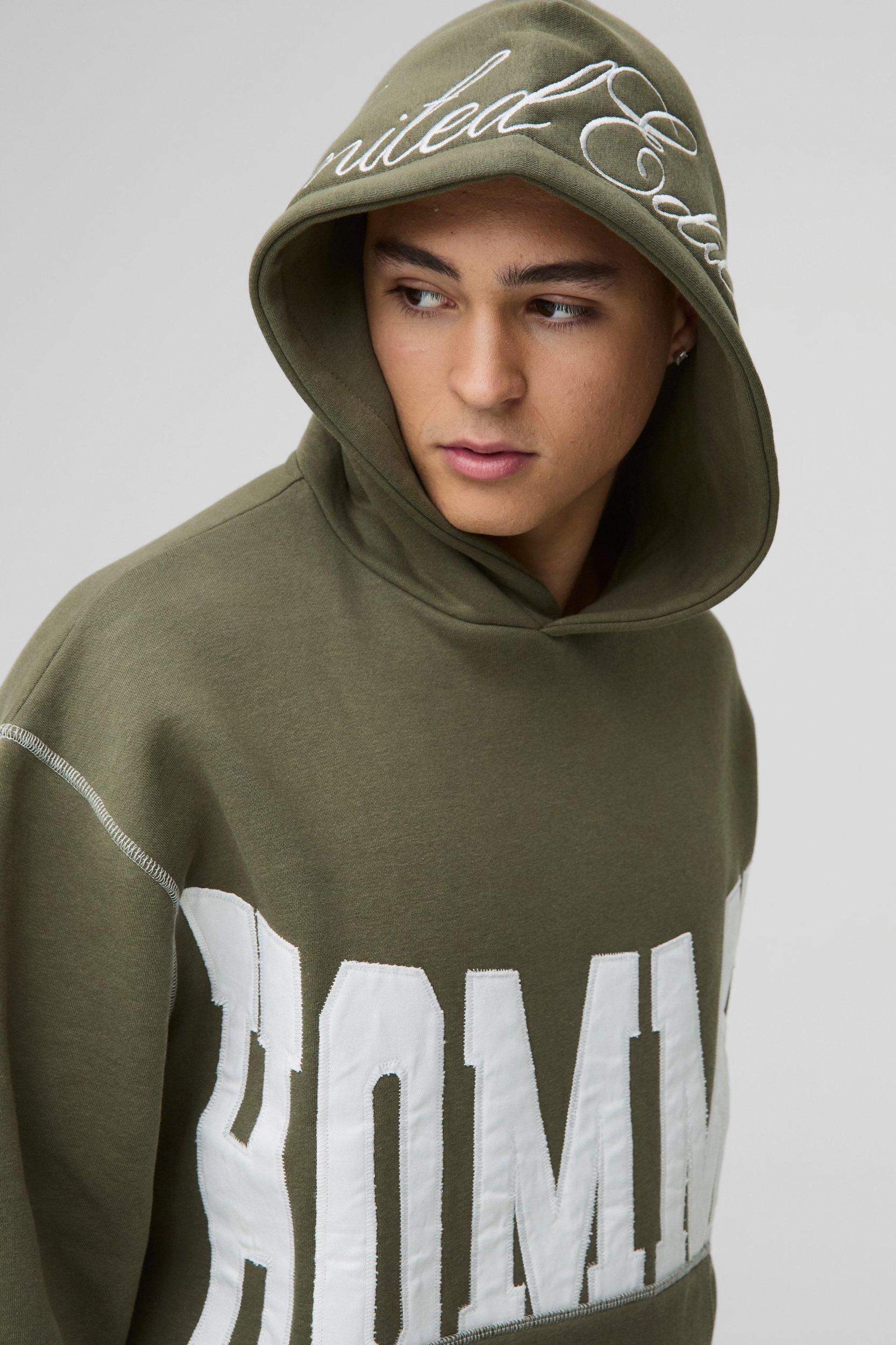 Oversized Boxy Twill Applique Contrast Stitch Hoodie | boohooMAN USA Product Image