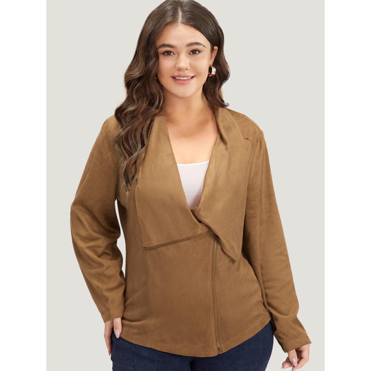 Plus Size Plain Zipper Lapel Collar Jacket Women Bronze Casual Plain Ladies Dailywear Winter Coats BloomChic 22-24/3X Product Image
