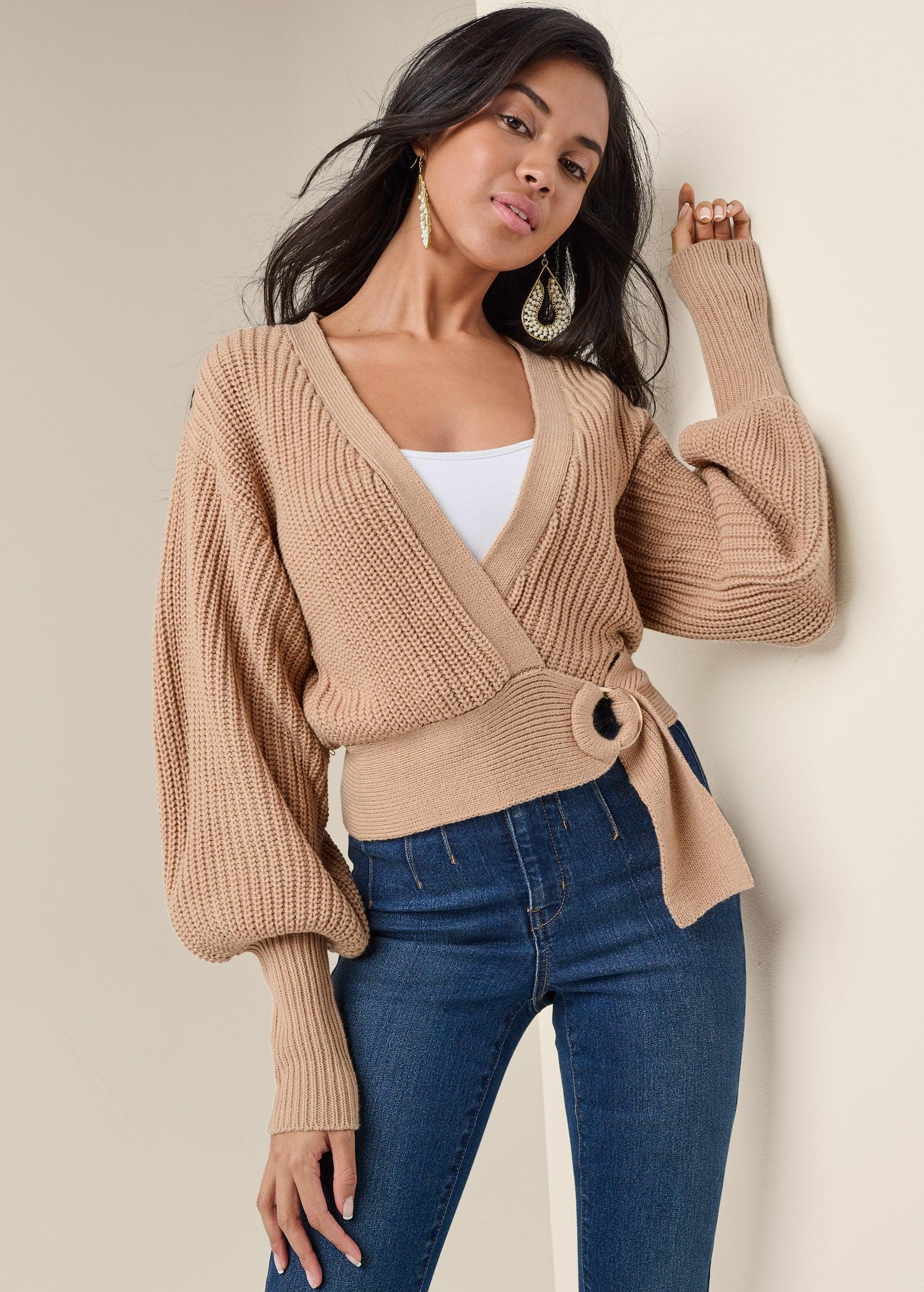 Wrap Balloon Sleeve Sweater - Light Brown Product Image
