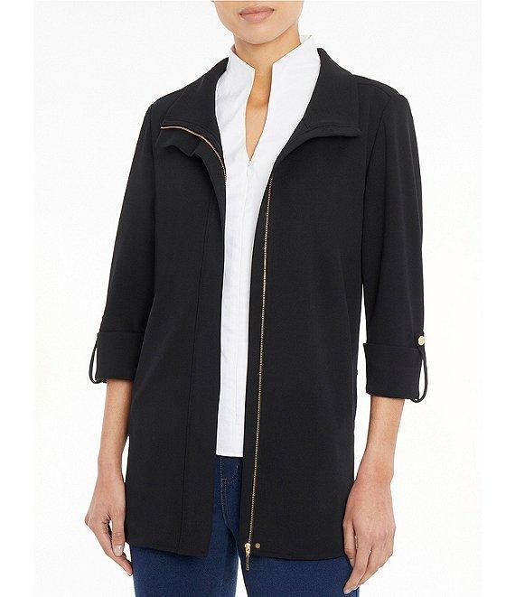 Ming Wang Deco Crepe 3/4 Sleeve Zip Front Jacket Product Image