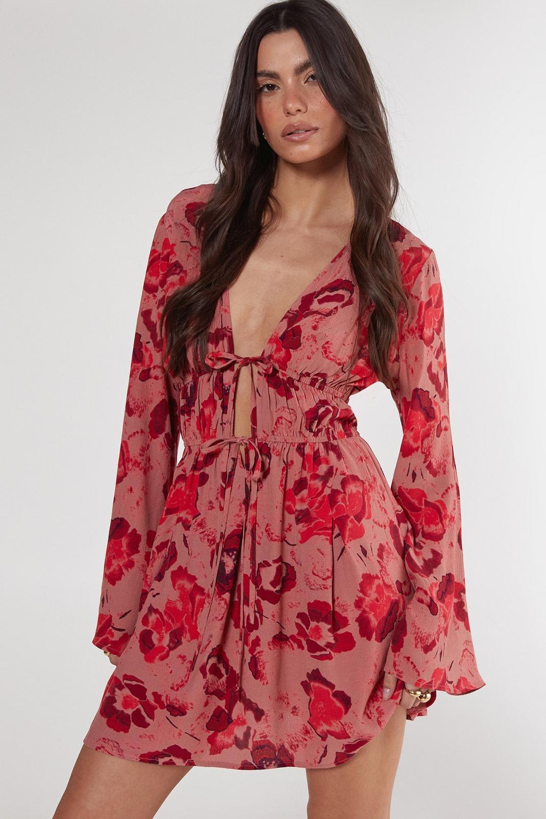 Floral Ruched Tie Front Fluted Sleeve Tunic Dress Product Image