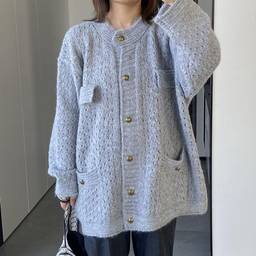 Round Neck Plain Button Oversized Knitted Cardigan Product Image