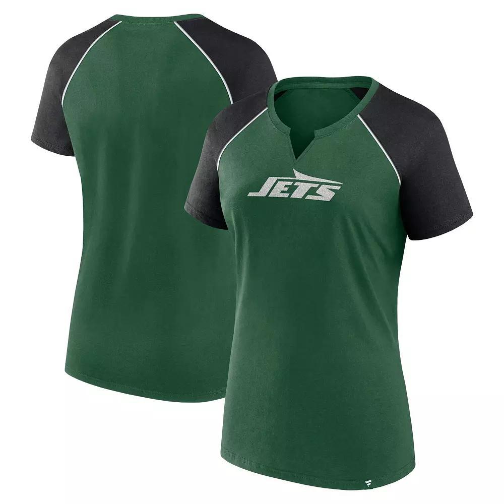 Women's Fanatics Green/Black New York Jets Glittered Primary Raglan T-Shirt, Size: Large Product Image