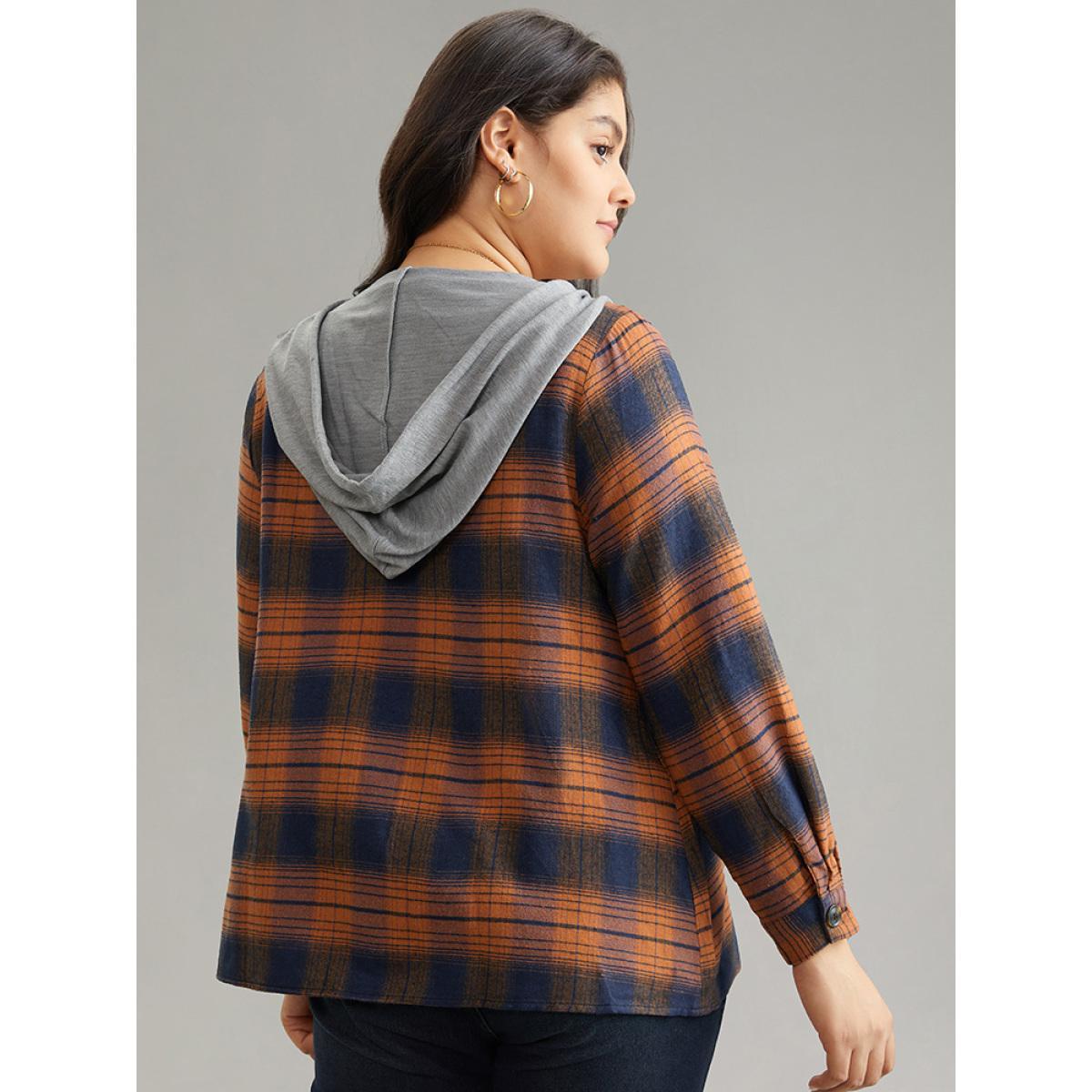 Plus Size Plaid Patchwork Hooded Drawstring Button Through Jacket Women Chocolate Dailywear Jackets BloomChic 10/M Product Image