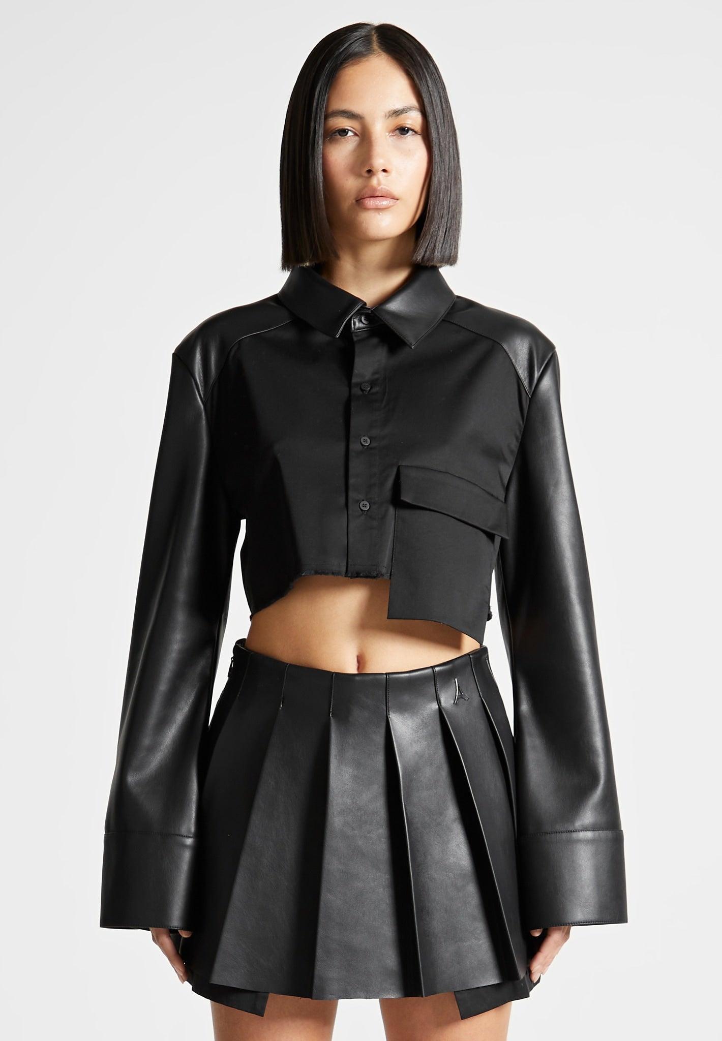 Leather Contrast Cropped Shirt - Black Female Product Image