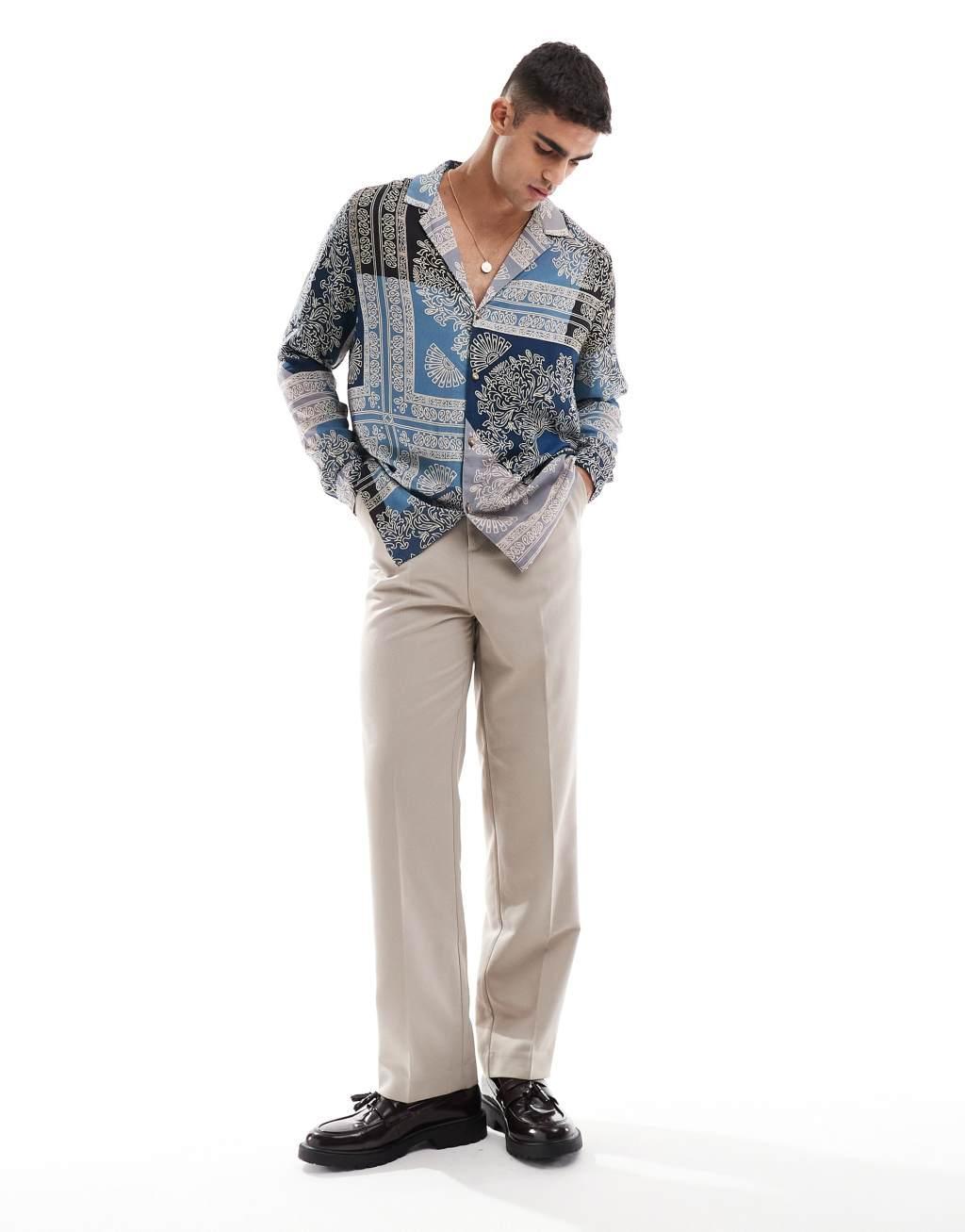 ASOS DESIGN relaxed deep revere shirt in spliced bandana print in blue  Product Image