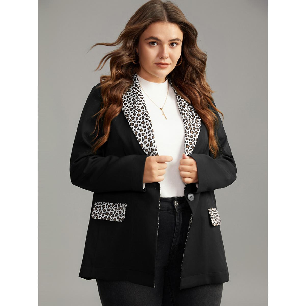 Plus Size Leopard Patchwork Contrast Blazer Black Women Work Leopard Contrast Sleeve Long Sleeve Suit Collar 28/5X Pocket At the Office Blazers BloomChic Product Image