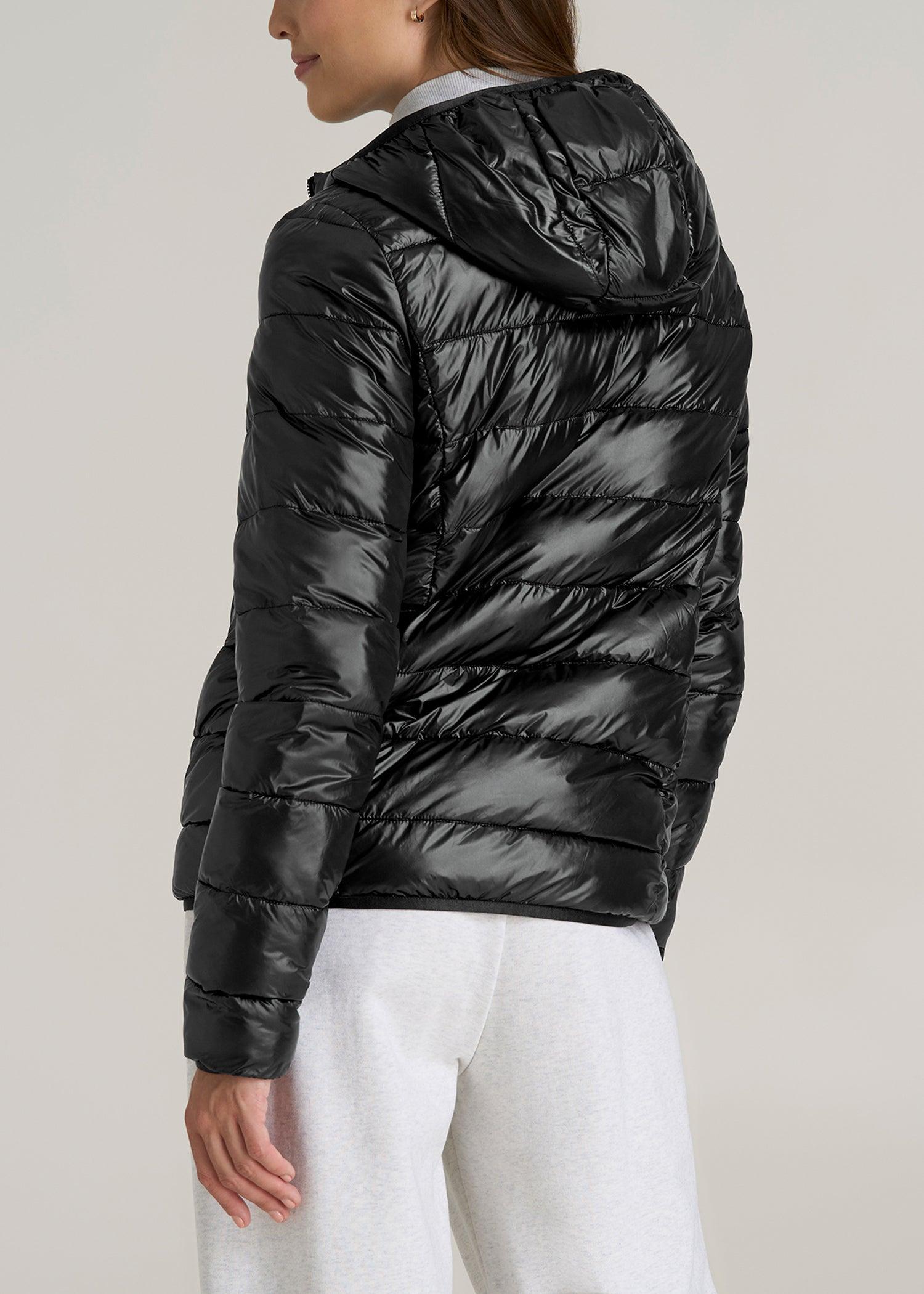 Packable Short Puffer Jacket for Tall Women in Glossy Black Product Image