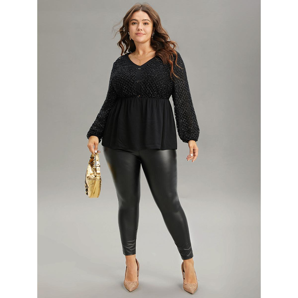 Plus Size Black Glitter Mesh Patchwork Lantern Sleeve Blouse Women Glamour Long Sleeve V-neck Festival-Christmas Blouses BloomChic 18-20/2X Product Image