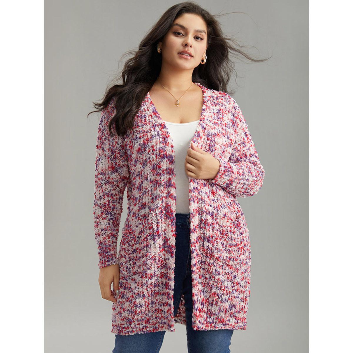 Plus Size Contrast Fuzzy Open Front Patched Pocket Cardigan Multicolor Women Casual Loose Long Sleeve Everyday Cardigans BloomChic 12/L Product Image