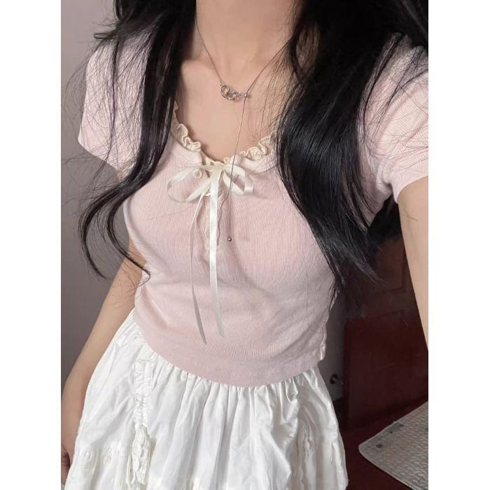 Short Sleeve Ruffled-Trim Ribbon Bow Accent Slim-Fit Crop Top Product Image
