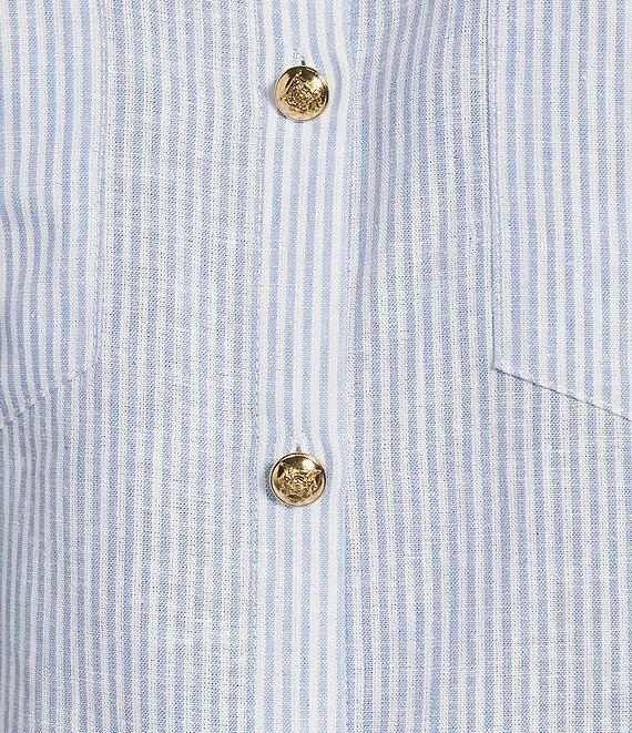 A Loves A Linen Stripe Point Collar Short Bubble Sleeve Button Front Shirt Product Image