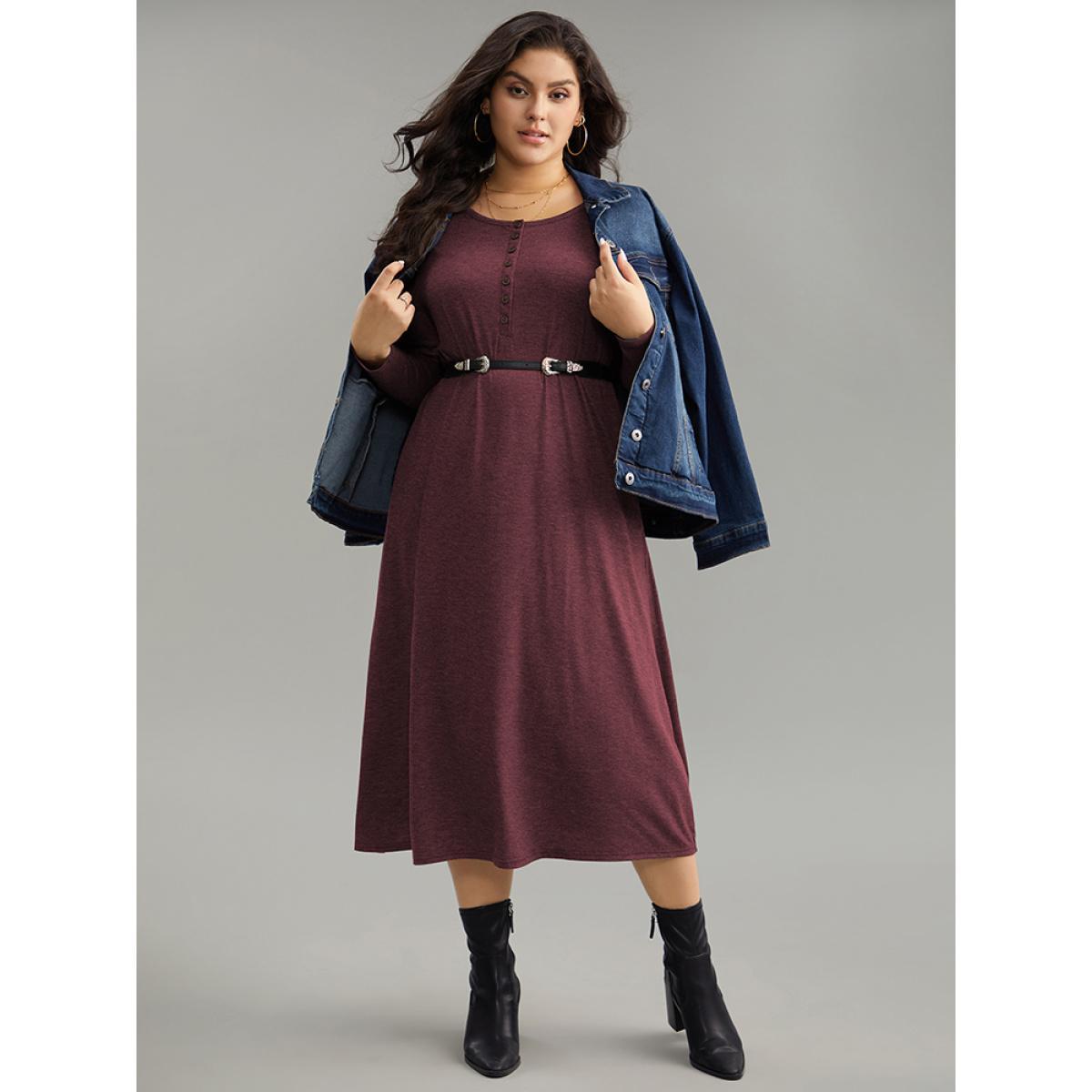 Plus Size Solid Button Up Pocket Dress Maroon Women Basics Non Round Neck Long Sleeve Curvy Midi Dress BloomChic 22-24/3X Product Image