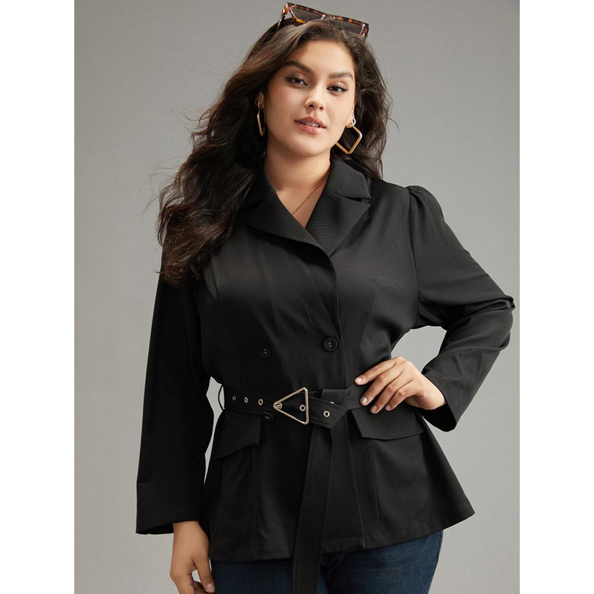 Plus Size Solid Suit Collar Buckle Detail Belted Blazer Black Women Work Plain Plain Sleeve Long Sleeve Suit Collar 18-20/2X Belt At the Office Blazers BloomChic Product Image