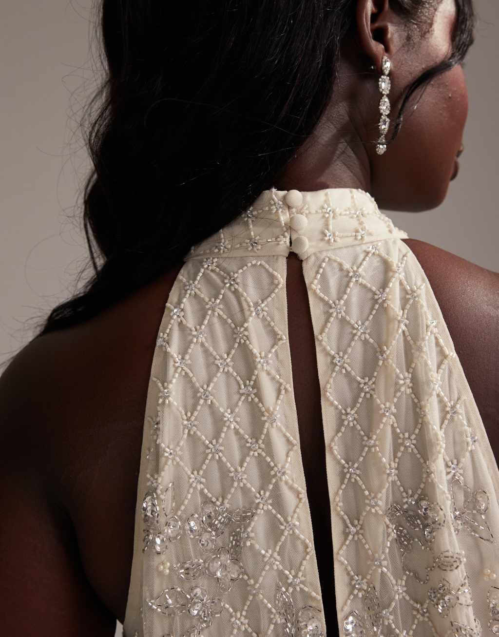 ASOS DESIGN Curve floral embellished halter maxi wedding dress with fringe hem Product Image
