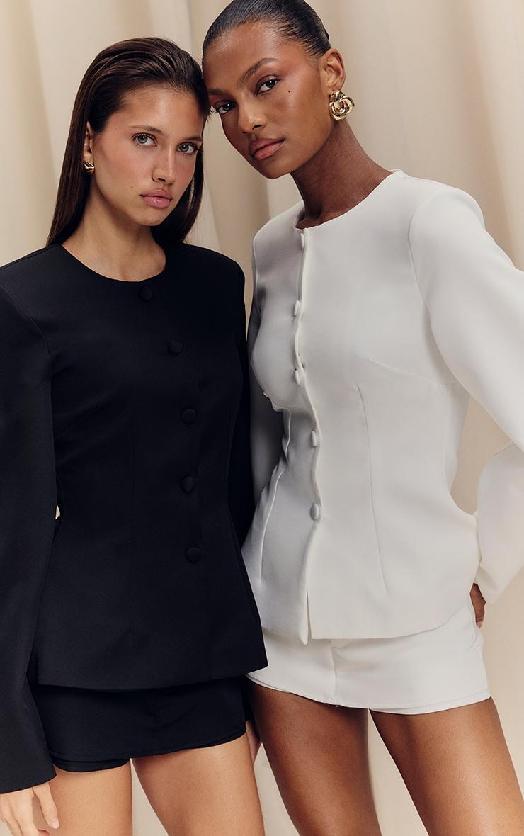 Black Woven Cinched Waist Cocoon Sleeve Button Up Blazer Product Image