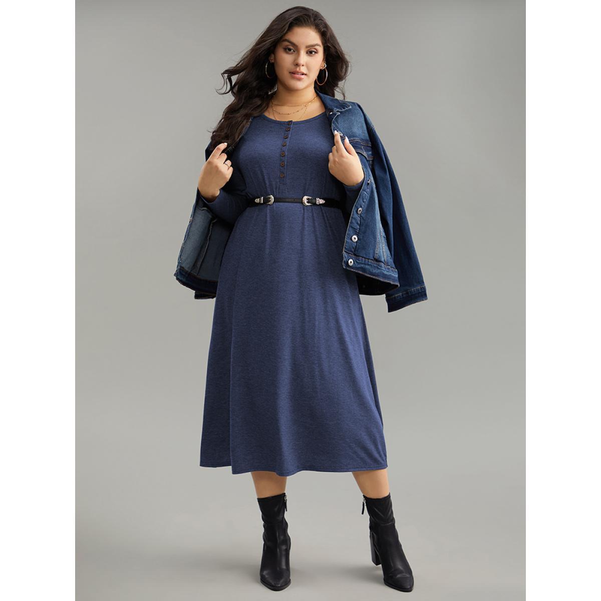 Plus Size Solid Button Up Pocket Dress DarkBlue Women Basics Non Round Neck Long Sleeve Curvy Midi Dress BloomChic 14-16/1X Product Image