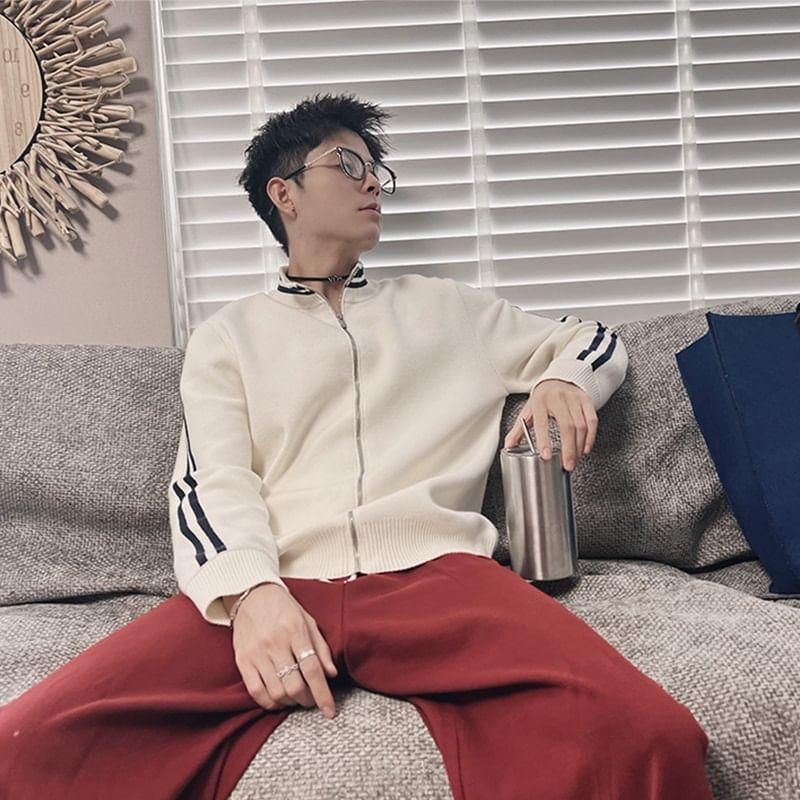 Stand Collar Striped Zip Cardigan Product Image