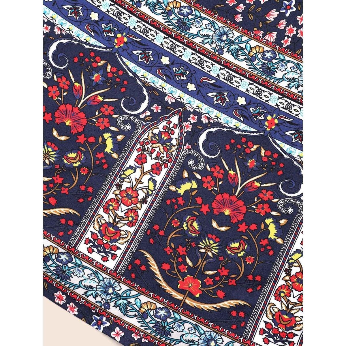 Plus Size Boho Print Lantern Sleeve Midi Dress DarkBlue Women Resort Non V-neck Long Sleeve Curvy BloomChic 30/6X Product Image