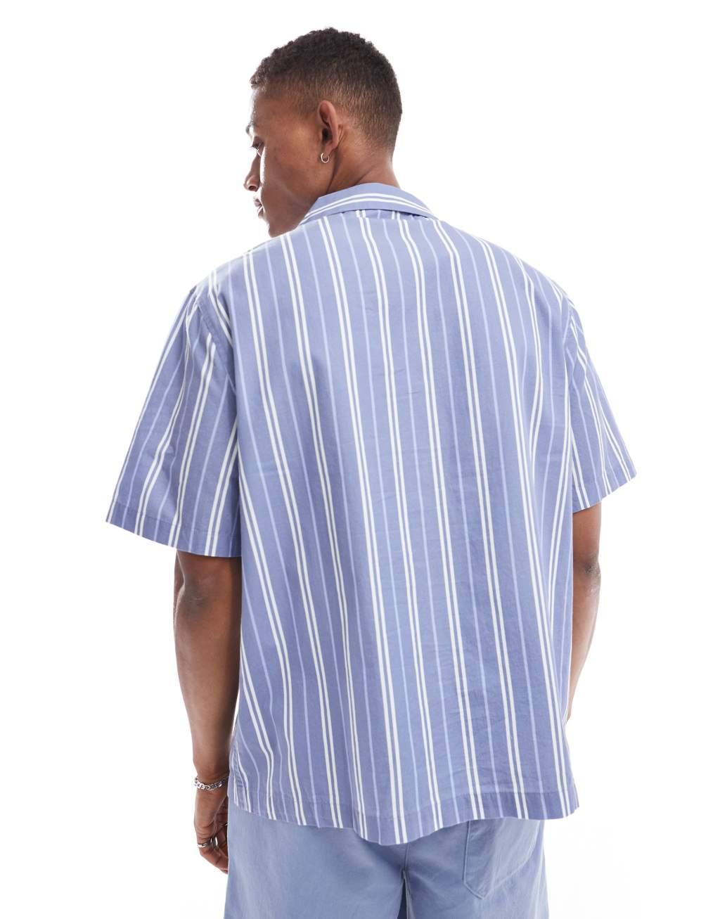 ASOS DESIGN relaxed camp collar stripe shirt with placement geo embroidery Product Image