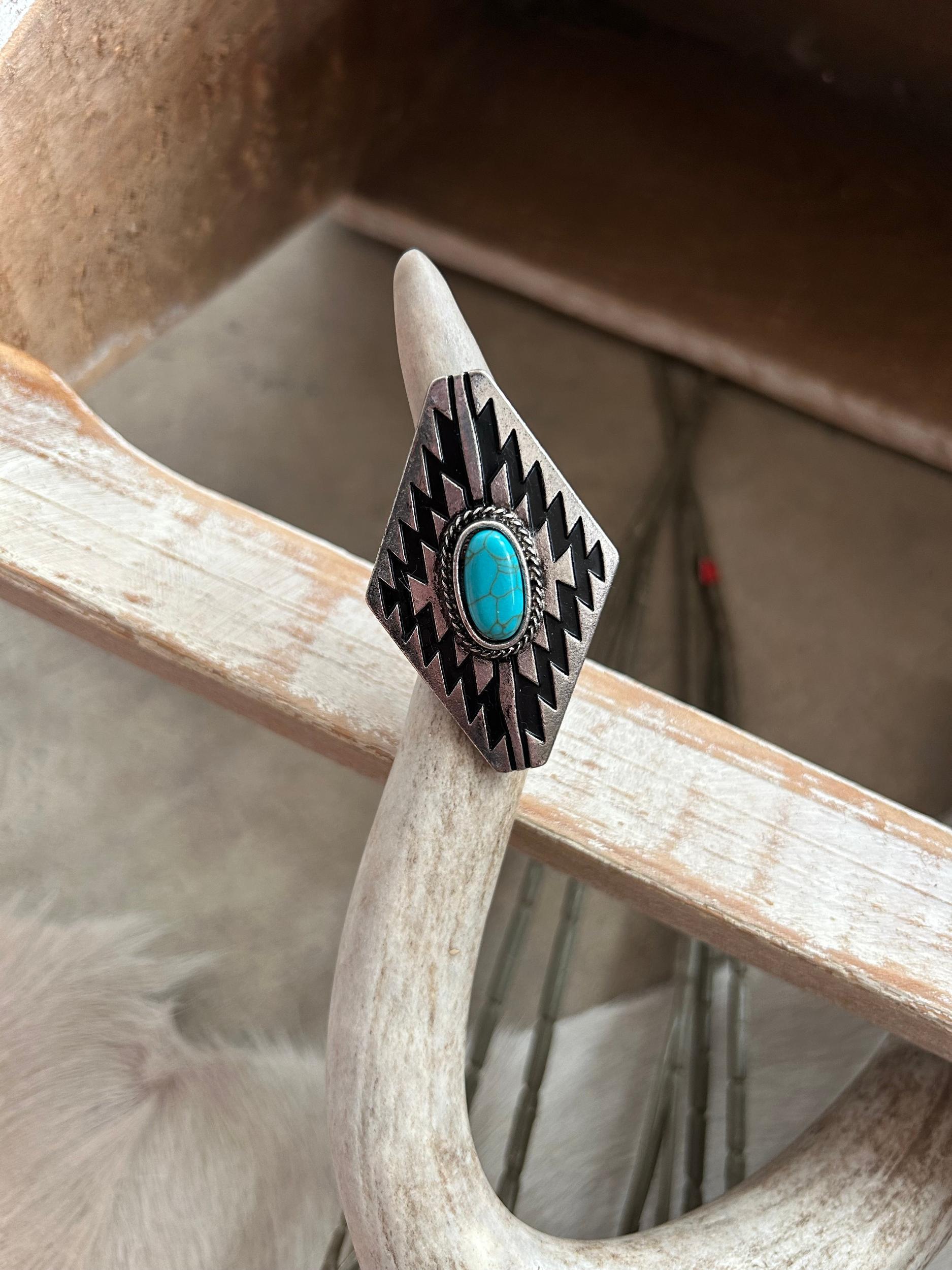 Western Style Turquoise and Black Diamond Ring Product Image