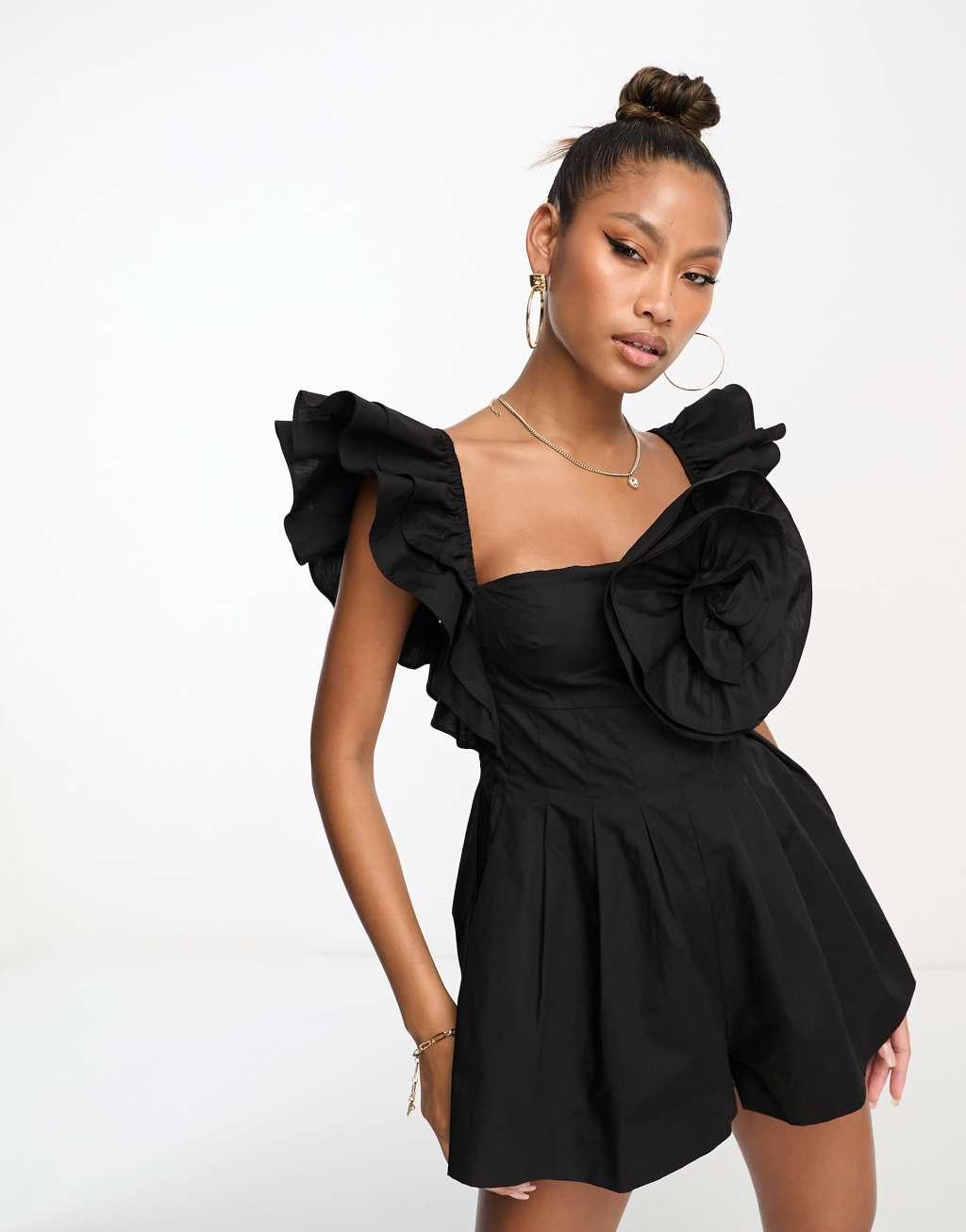 ASOS LUXE poplin romper with corsage and ruffle sleeves Product Image