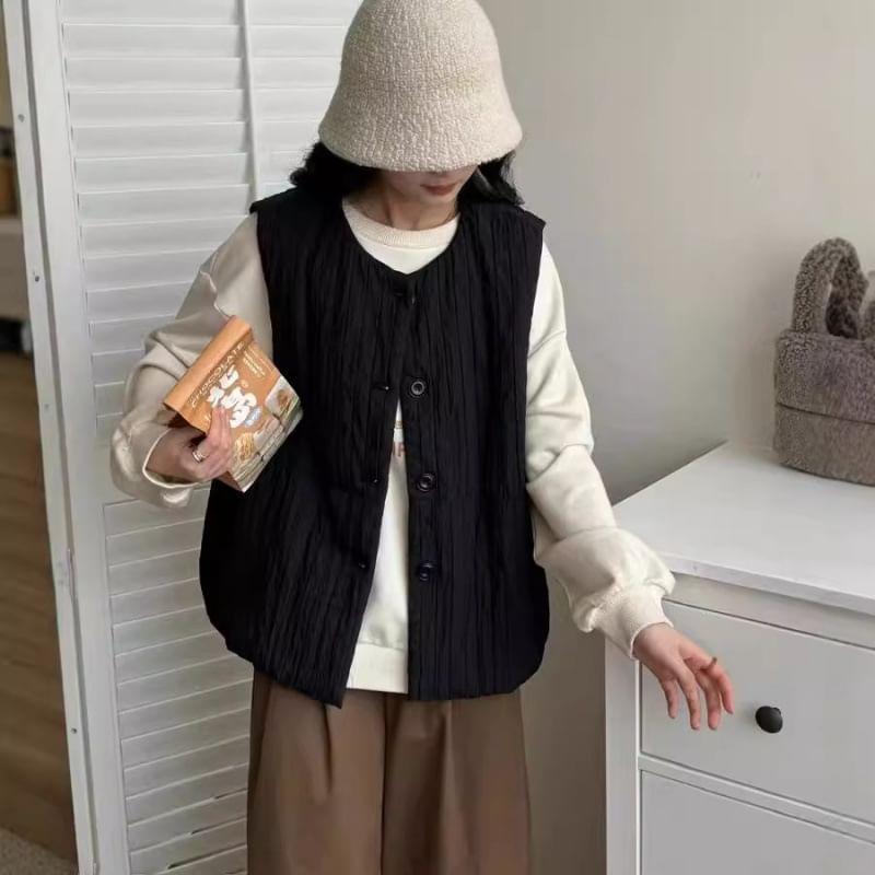 Round Neck Plain Padded Button Vest Product Image