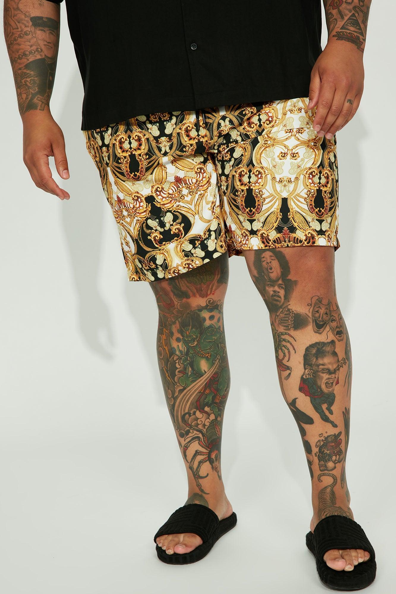 Luxe Baroque Swim Mid Trunk - Black/Gold Product Image