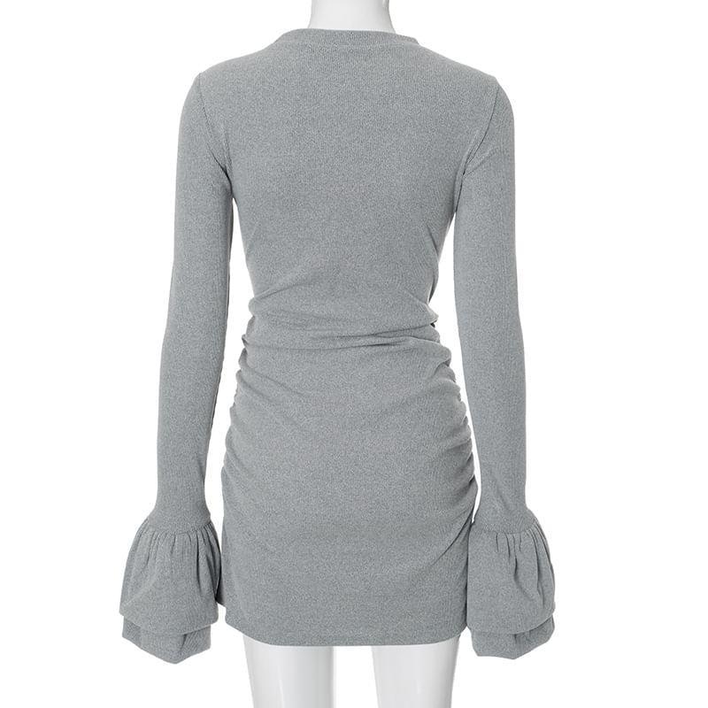 Flare-Sleeve Crewneck Plain Mini Sheath Dress Product Image