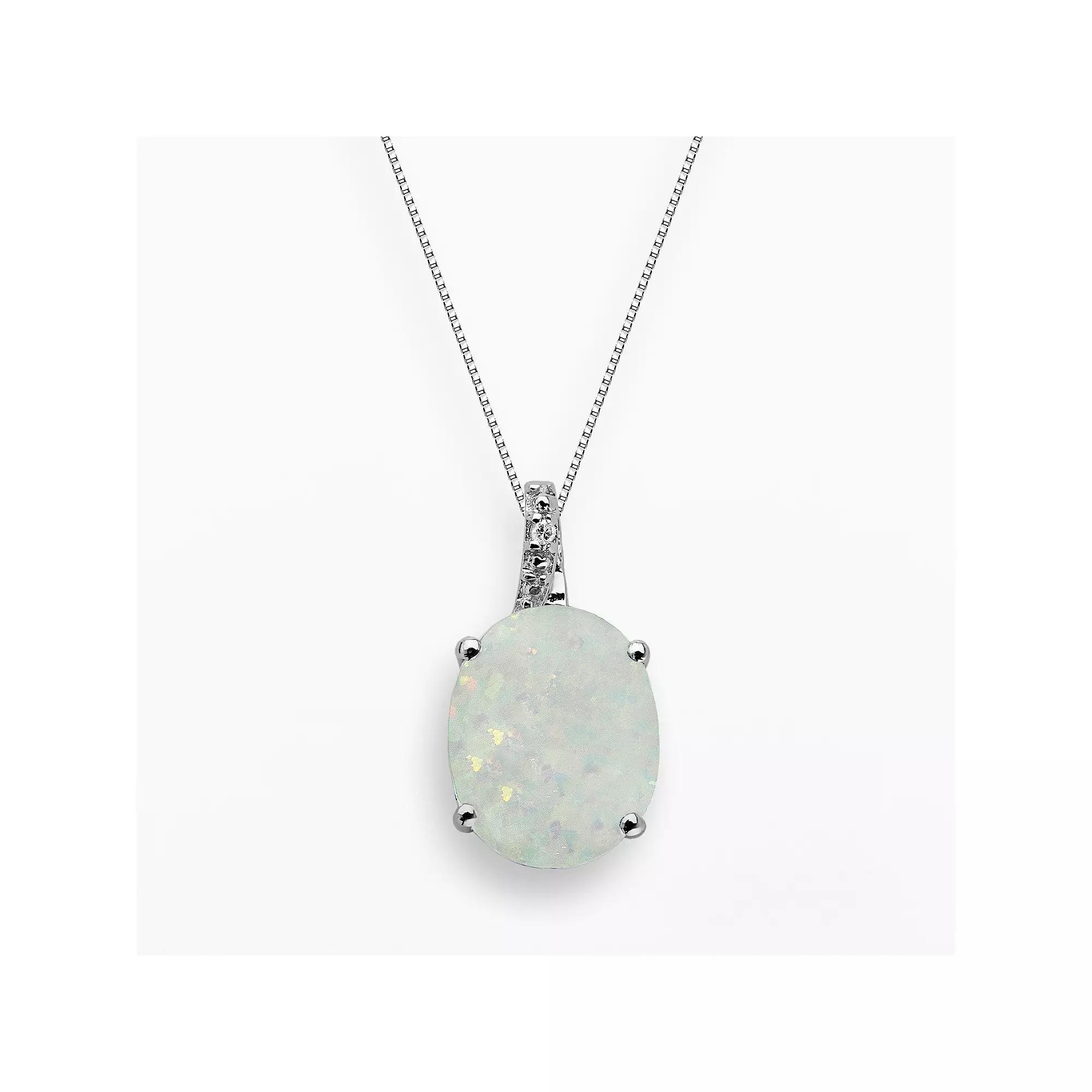 Gemminded Sterling Silver Lab-Created Opal and Diamond Accent Oval Pendant, Women's, Size: 18", White Product Image