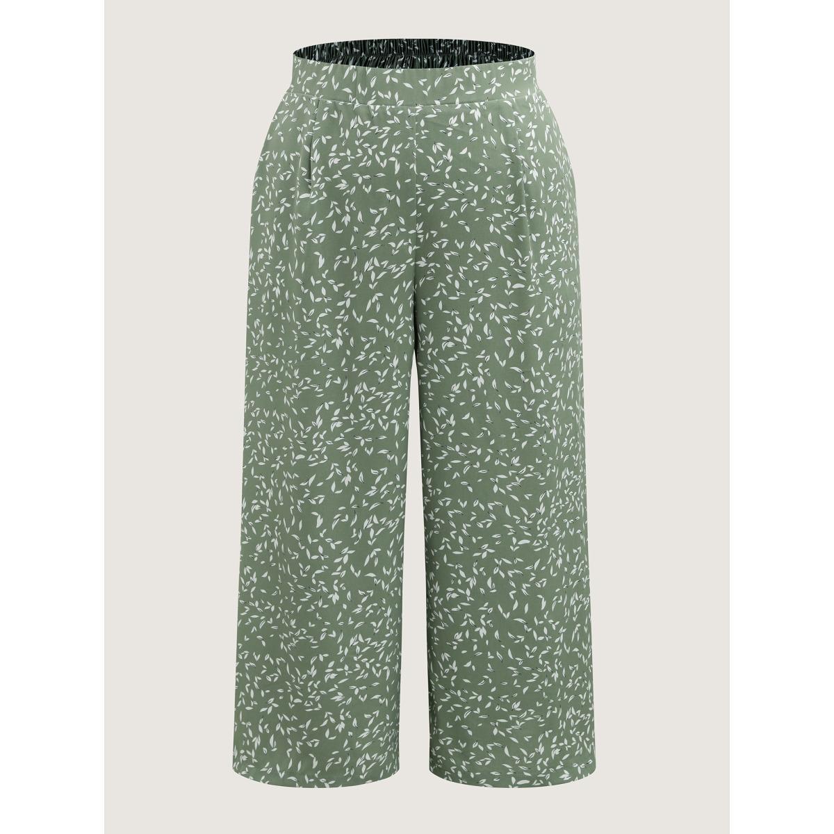 Plus Size Ditsy Floral Print Wide-Leg Pants Women LightGreen Elegant Wide Leg Mid Rise Everyday-Elegant Pants BloomChic 30/6X Product Image