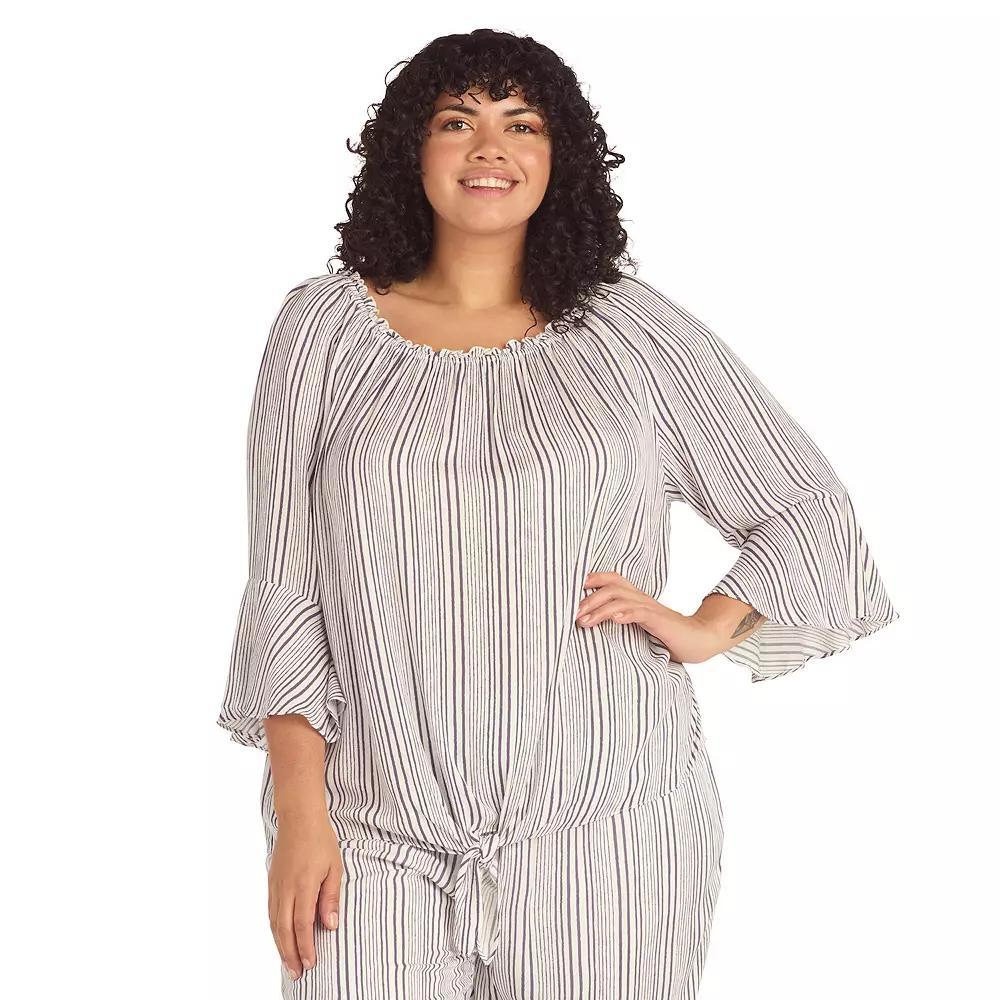 Plus Size AB Studio Off-The-Shoulder Bell Sleeve Top, Womens Blue Ow Stripe Product Image