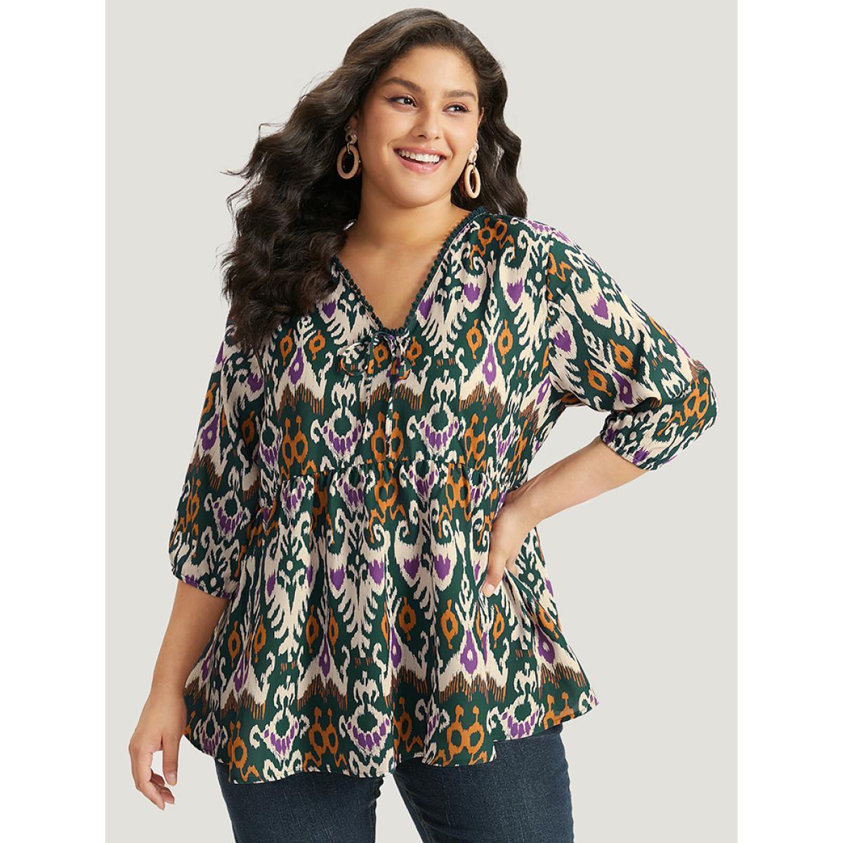 Plus Size Green Bandana Print Ties Pompom Trim Blouse Women Vacation Elbow-length sleeve V-neck Dailywear Blouses BloomChic 18-20/2X Product Image